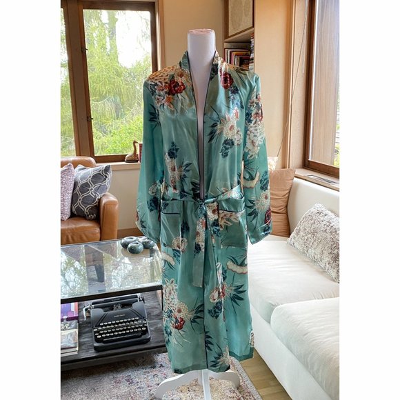 Floral Green Print Long Kimono Jacket Coat Women's - Picture 12 of 16
